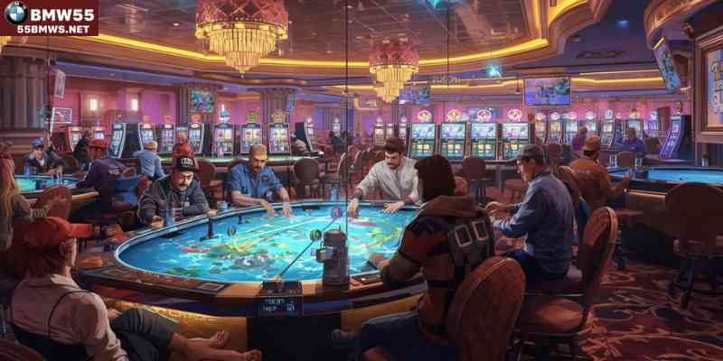 Multiplayer fishing casino room with multiple players competing